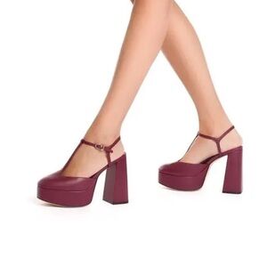 New Larroude pixie burgundy tall block heels T strap shoes 8